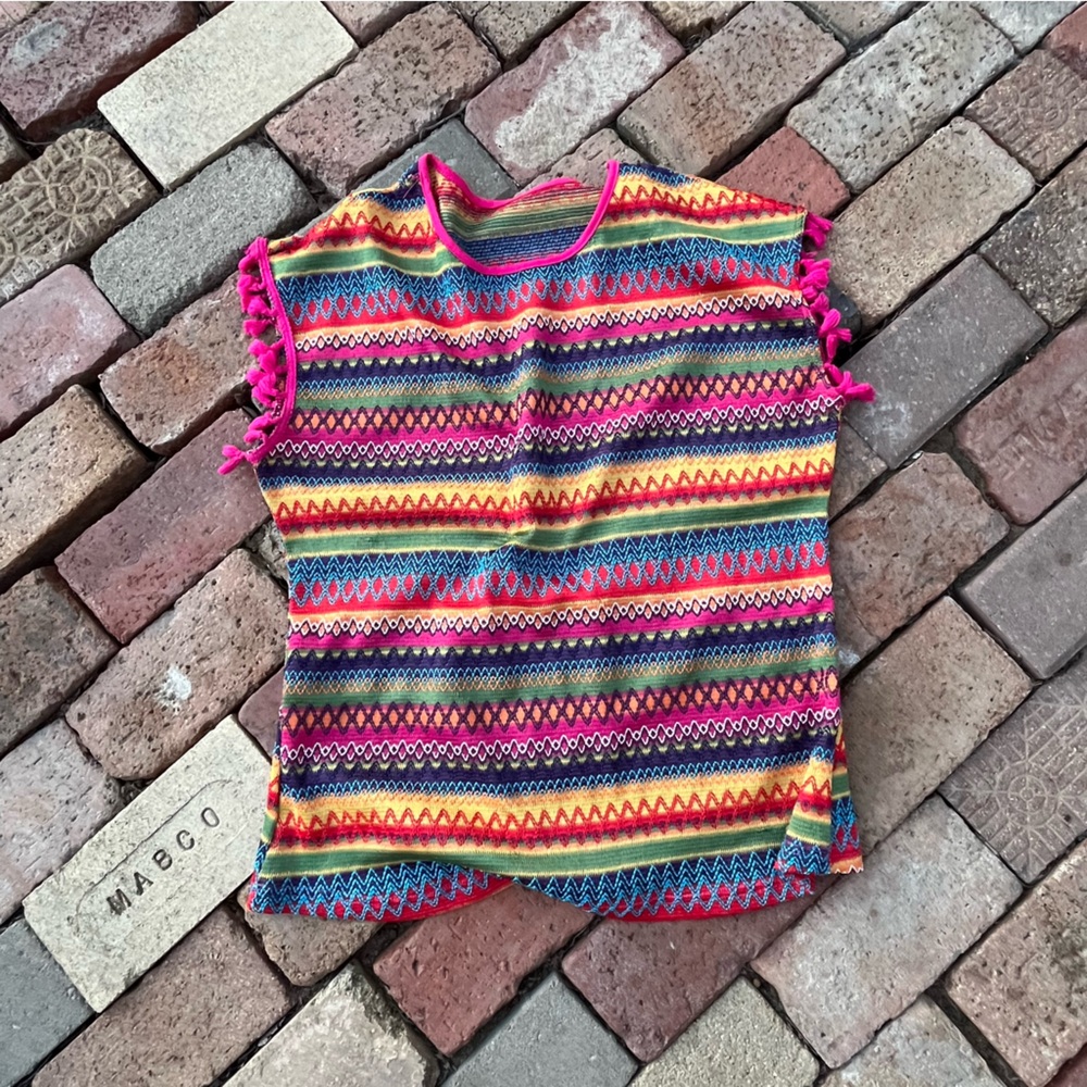 Colorful Striped top with Pom Trim